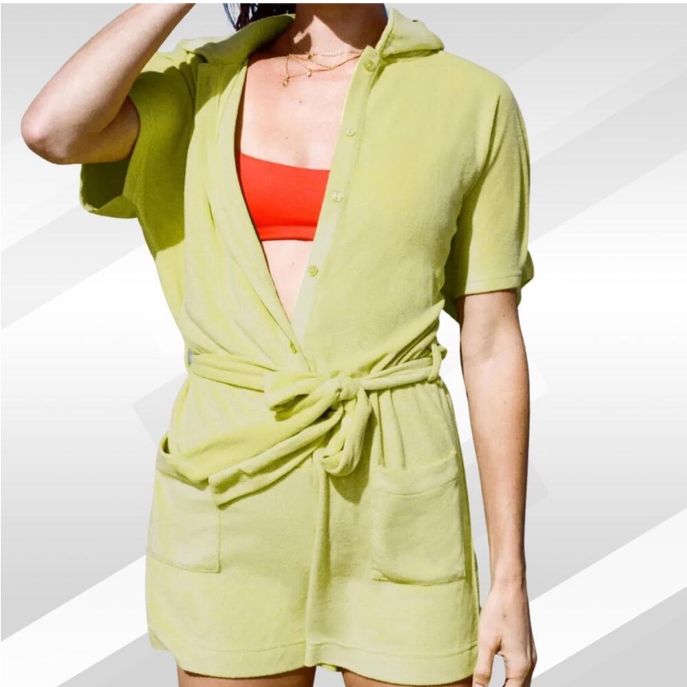 NWT Andie Women's The Button Up Romper Pale Lime Green Soft Terrycloth